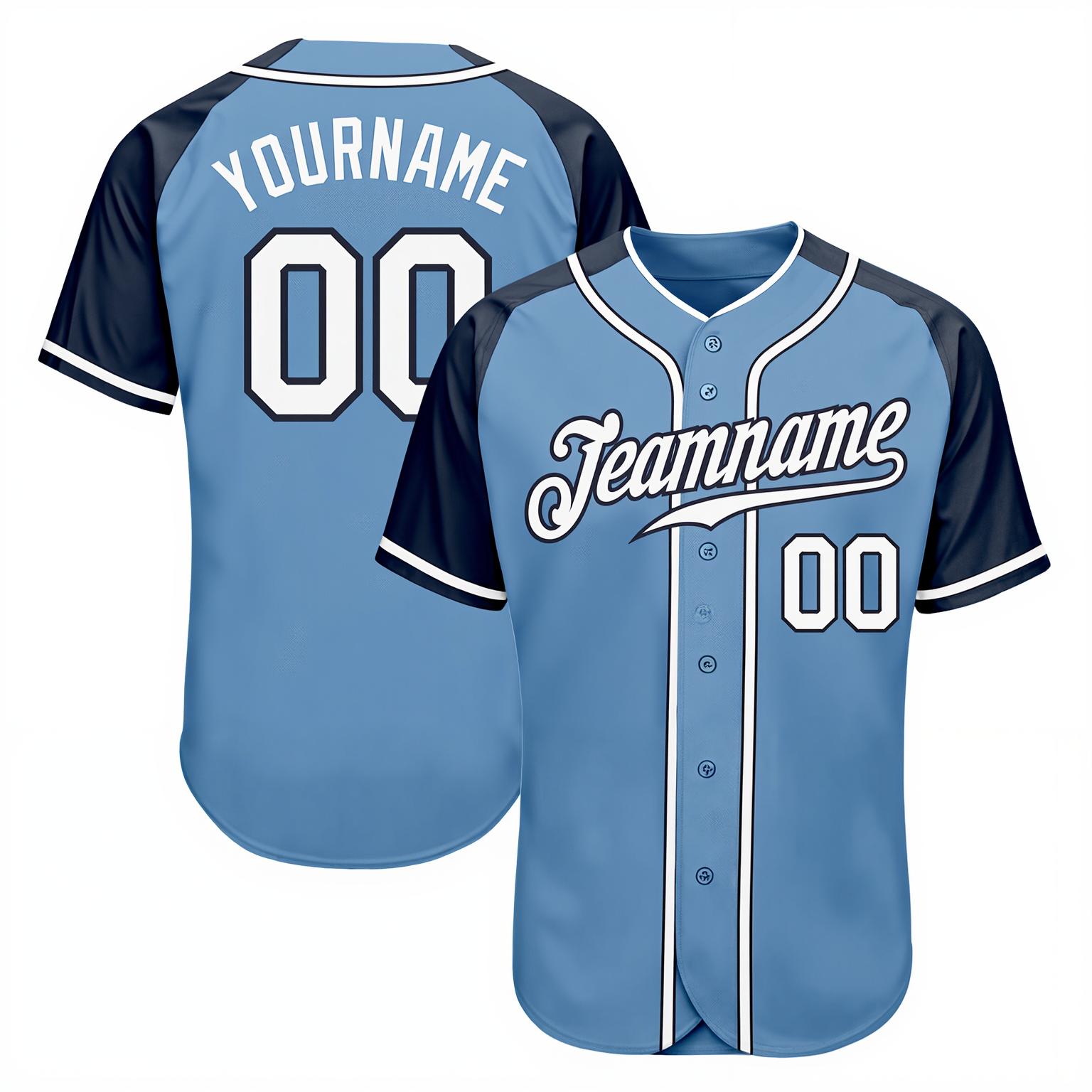 Custom Blue & White/Navy Raglan Sleeves Baseball Jersey