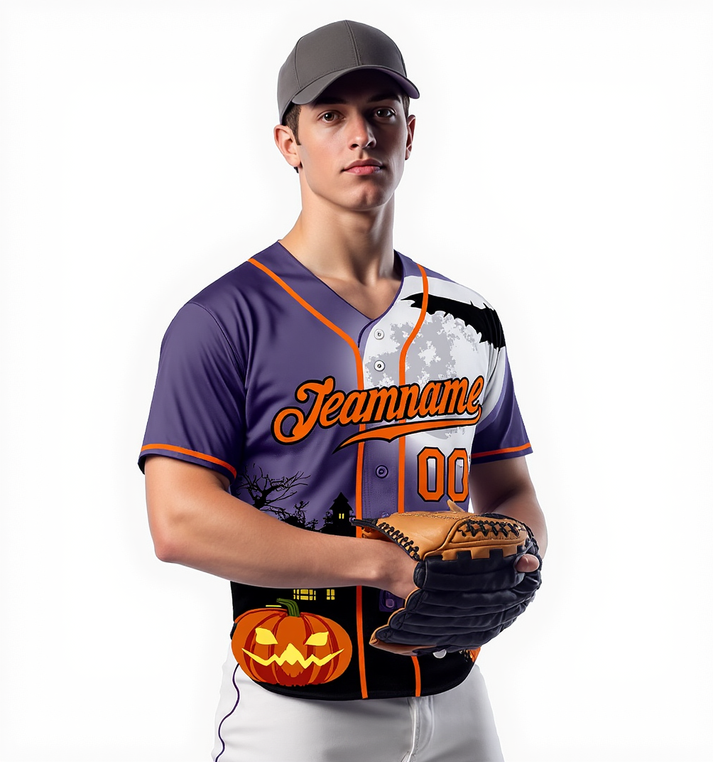 Custom Purple & Orange/Black 3D Pattern Halloween Pumpkins Bats Baseball Jersey