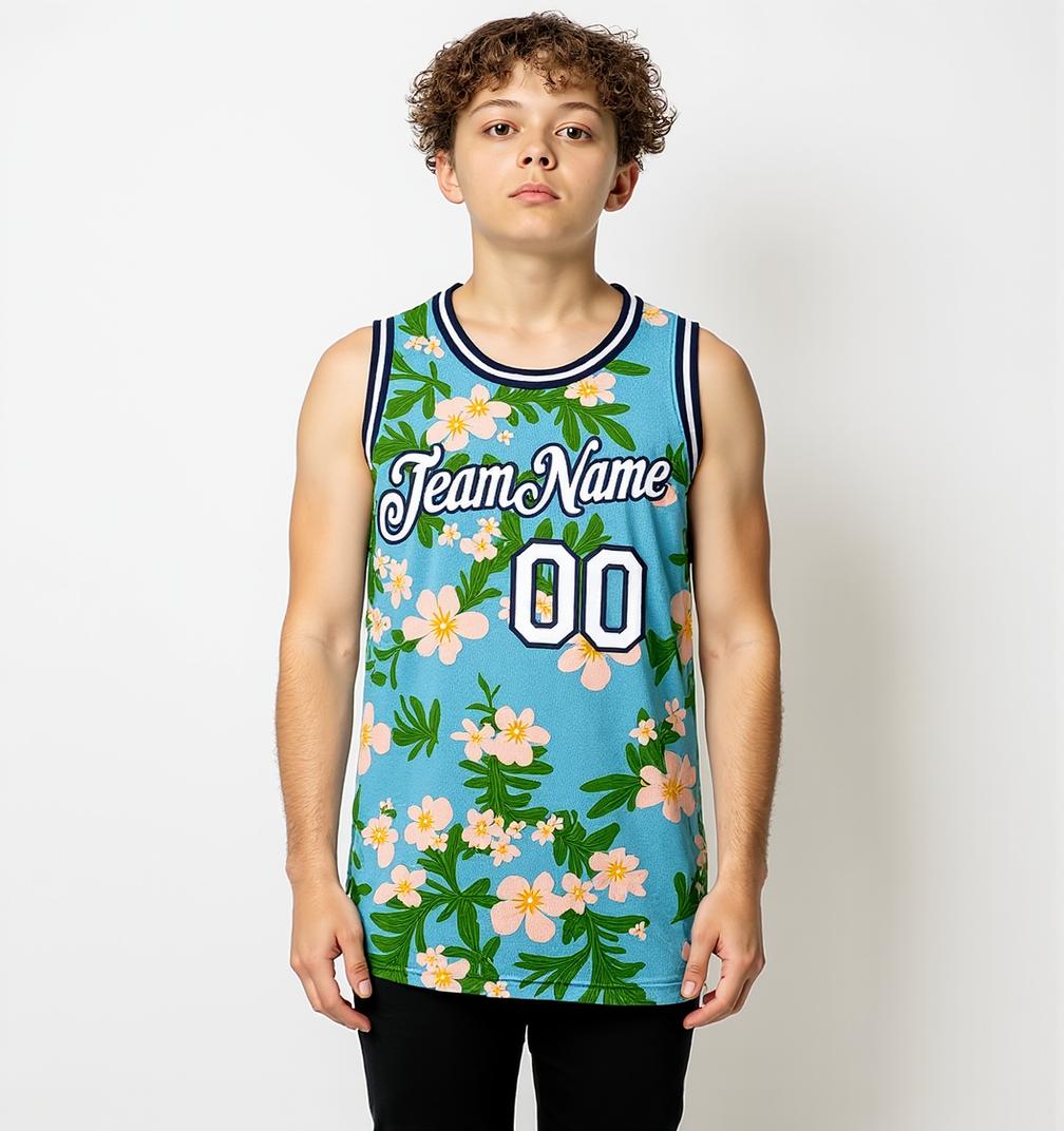 Custom 3D Pattern Aqua & White/Navy Hawaii Flowers Basketball City Edition Jersey