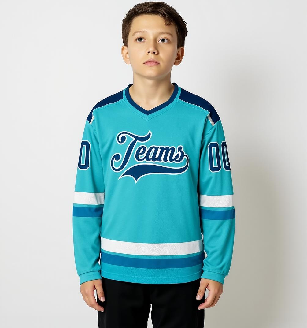 Custom Aqua & Navy/White Hockey Jersey