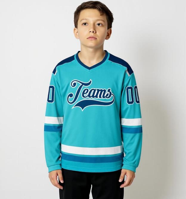 Custom Aqua & Navy/White Hockey Jersey