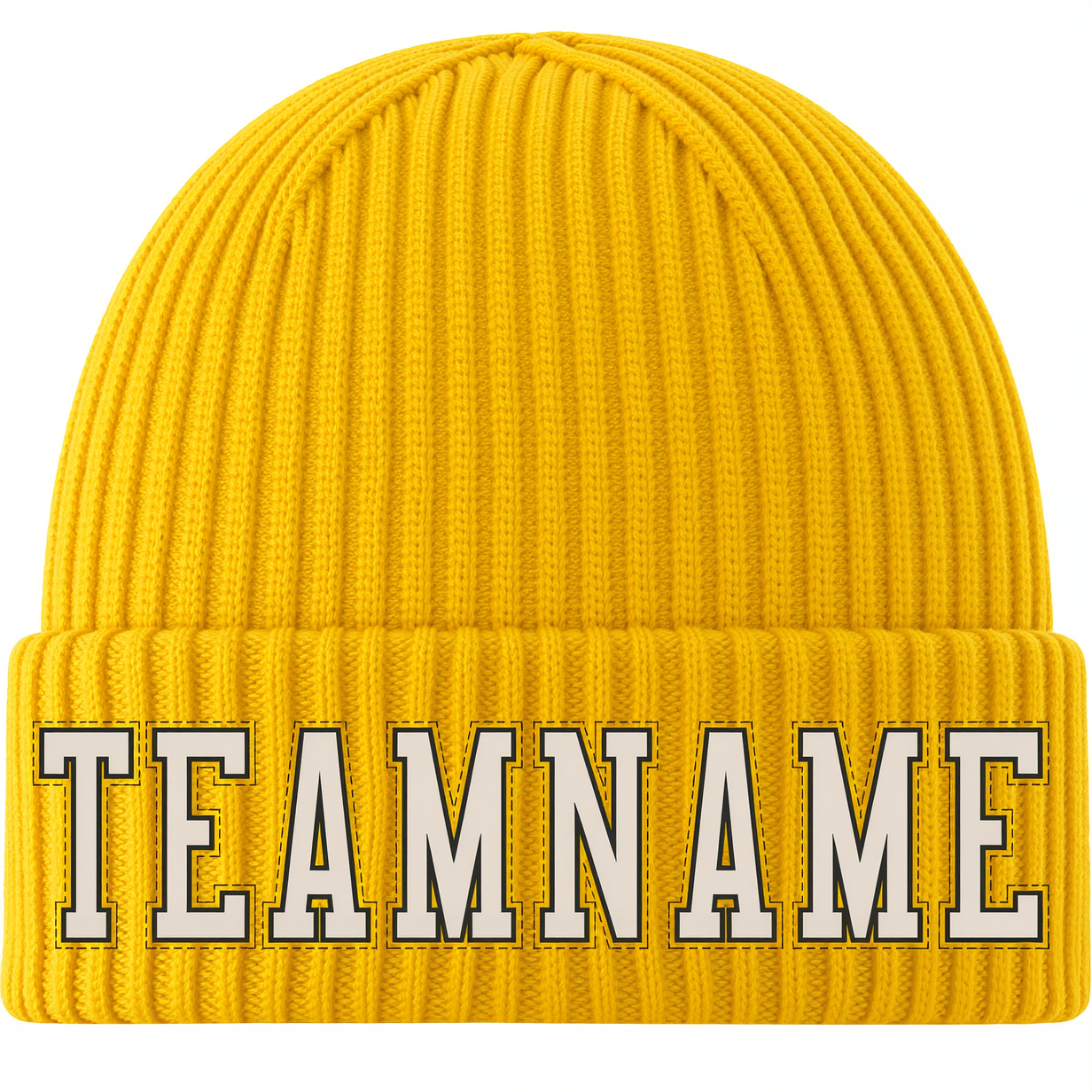 Custom Yellow & White/Black Stitched Cuffed Knit Hat