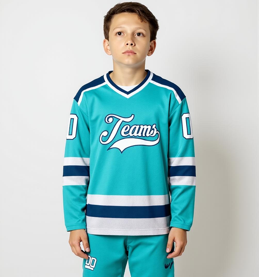 Custom Aqua & White/Navy Hockey Jersey