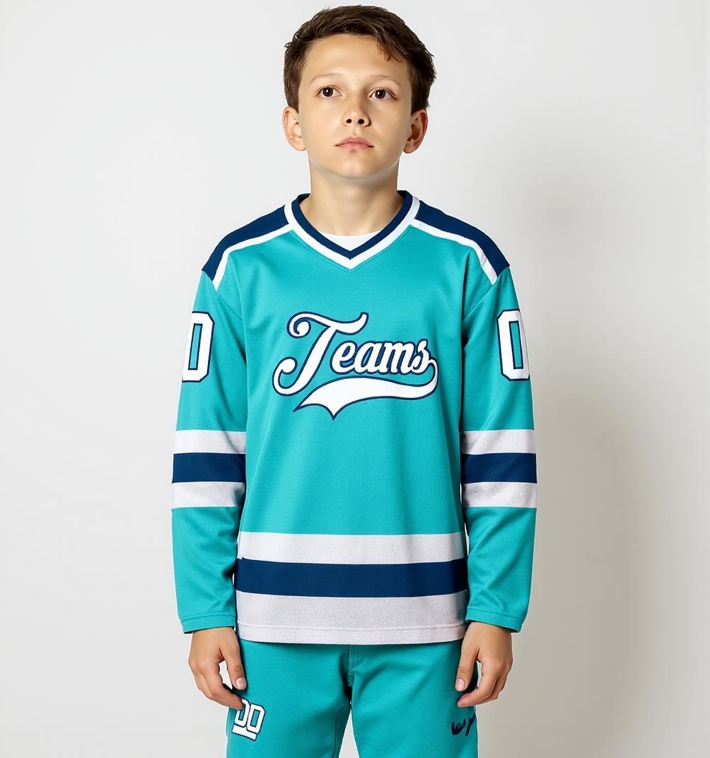 Custom Aqua & White/Navy Hockey Jersey