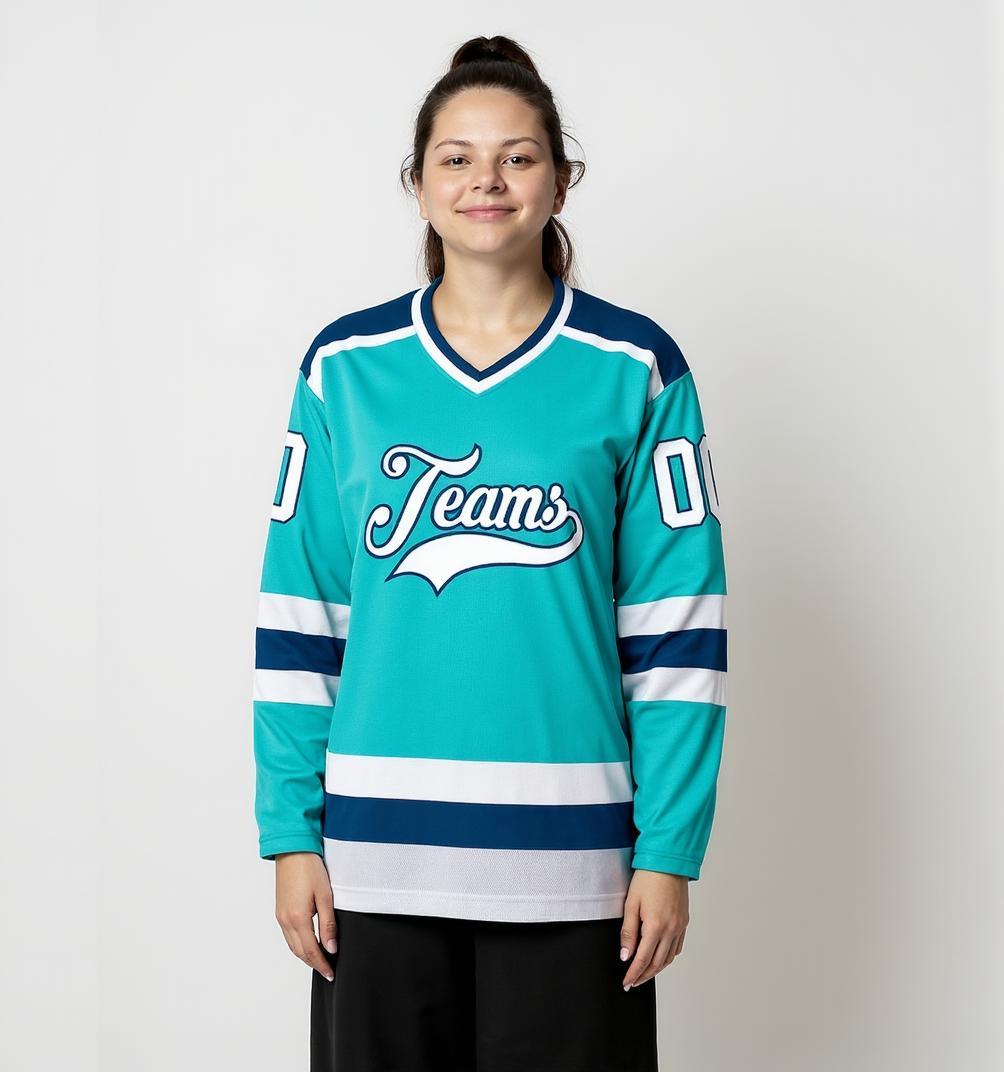 Custom Aqua & White/Navy Hockey Jersey