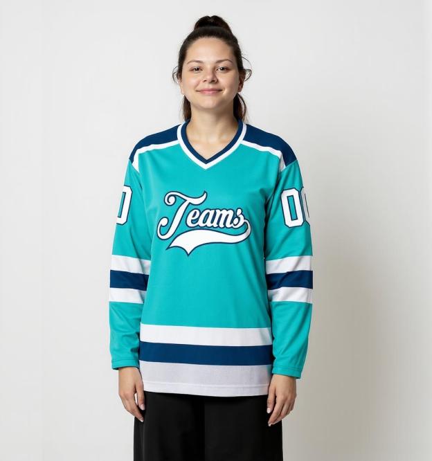 Custom Aqua & White/Navy Hockey Jersey