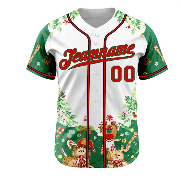 Custom White & Red/Green Christmas 3D Pattern Baseball Jersey