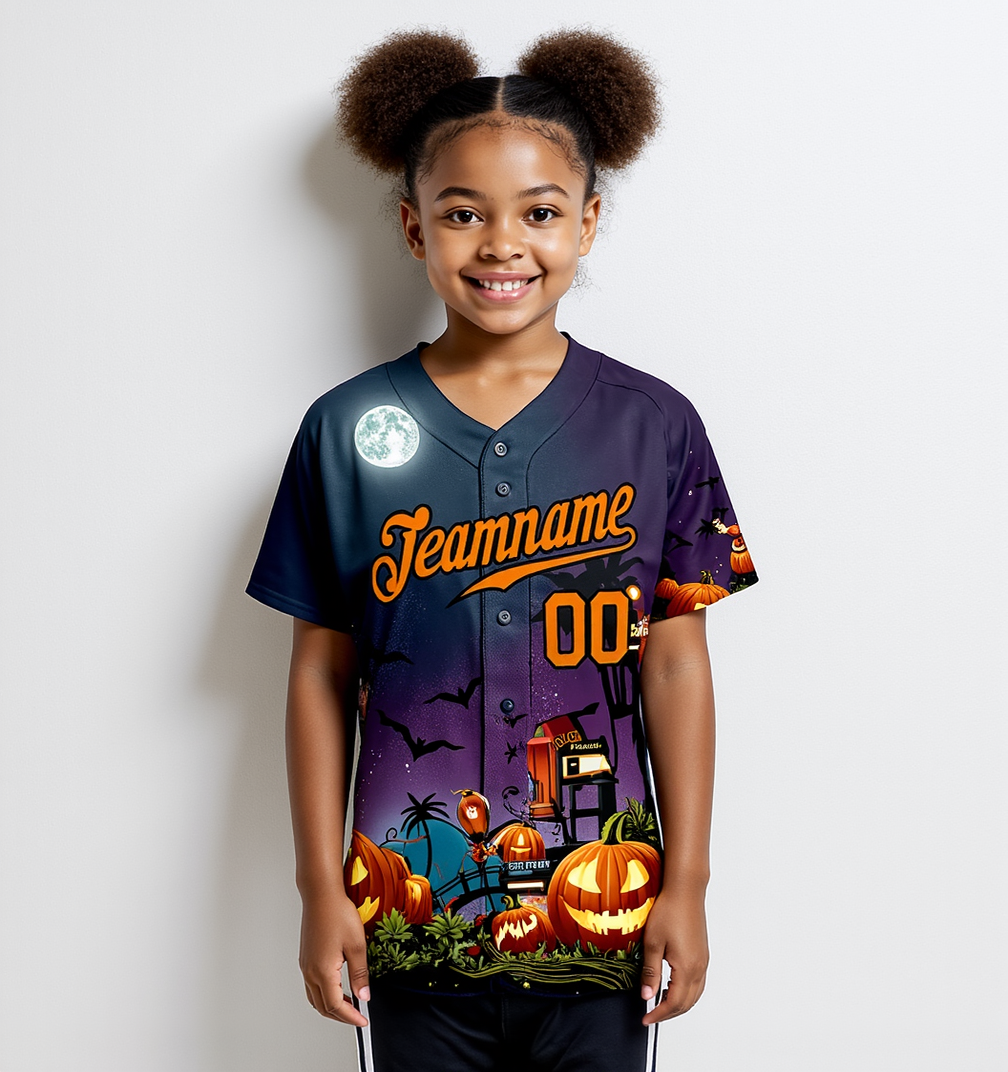 Custom Navy & Orange/Black 3D Pattern Halloween Pumpkins Bats Baseball Jersey