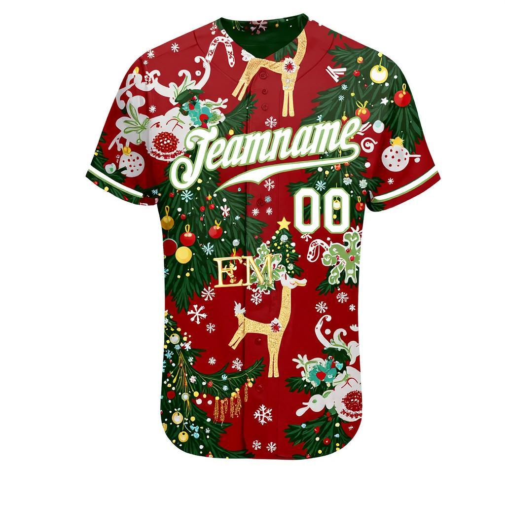 Custom Red & White/Green Christmas 3D Pattern Baseball Jersey