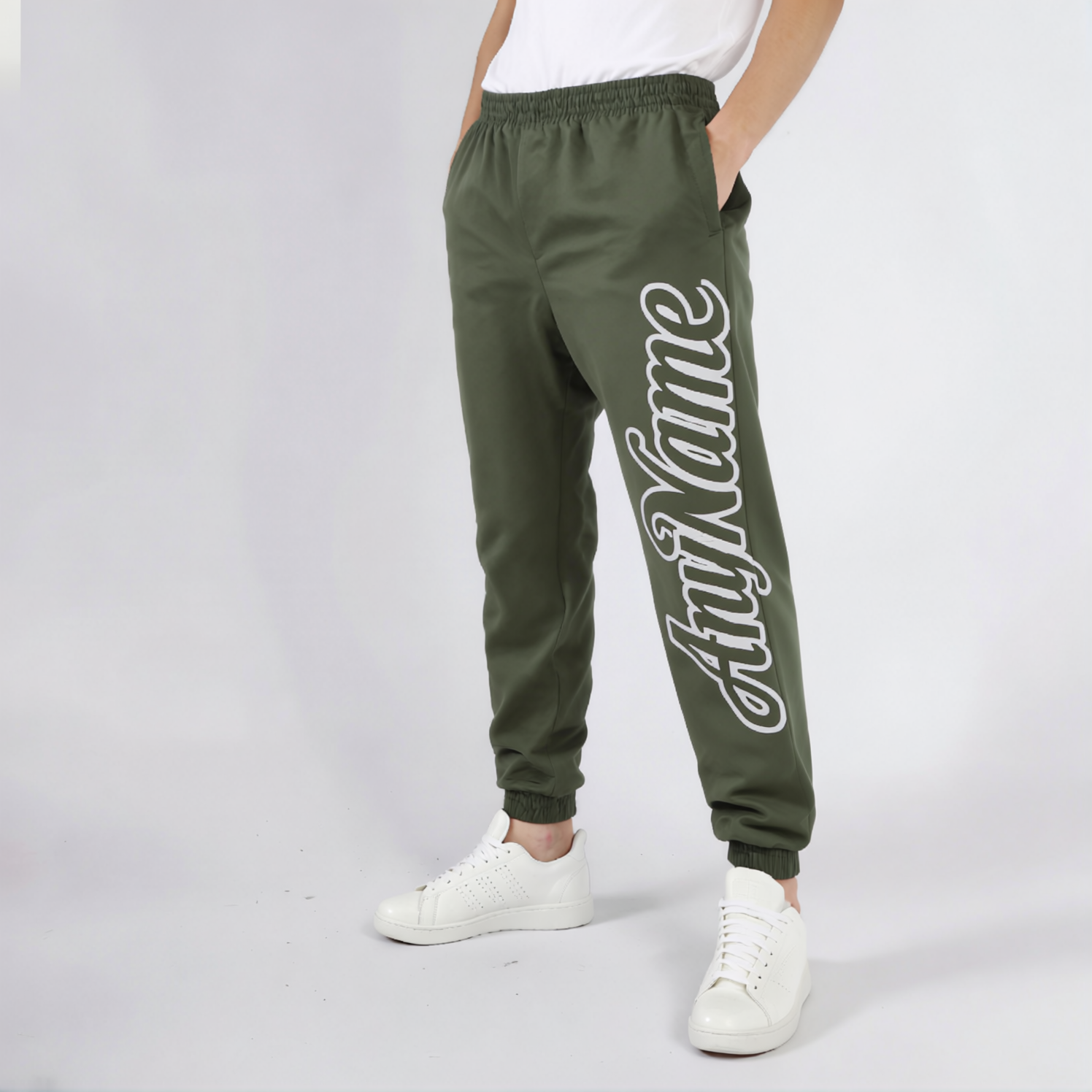 Custom Olive & White Fleece Jogger Sweatpants