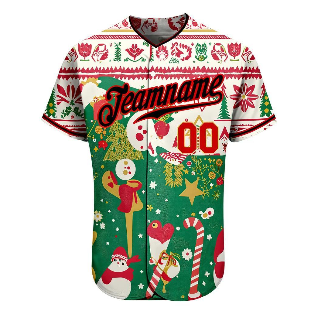 Custom Green & Black/White Christmas 3D Pattern Baseball Jersey