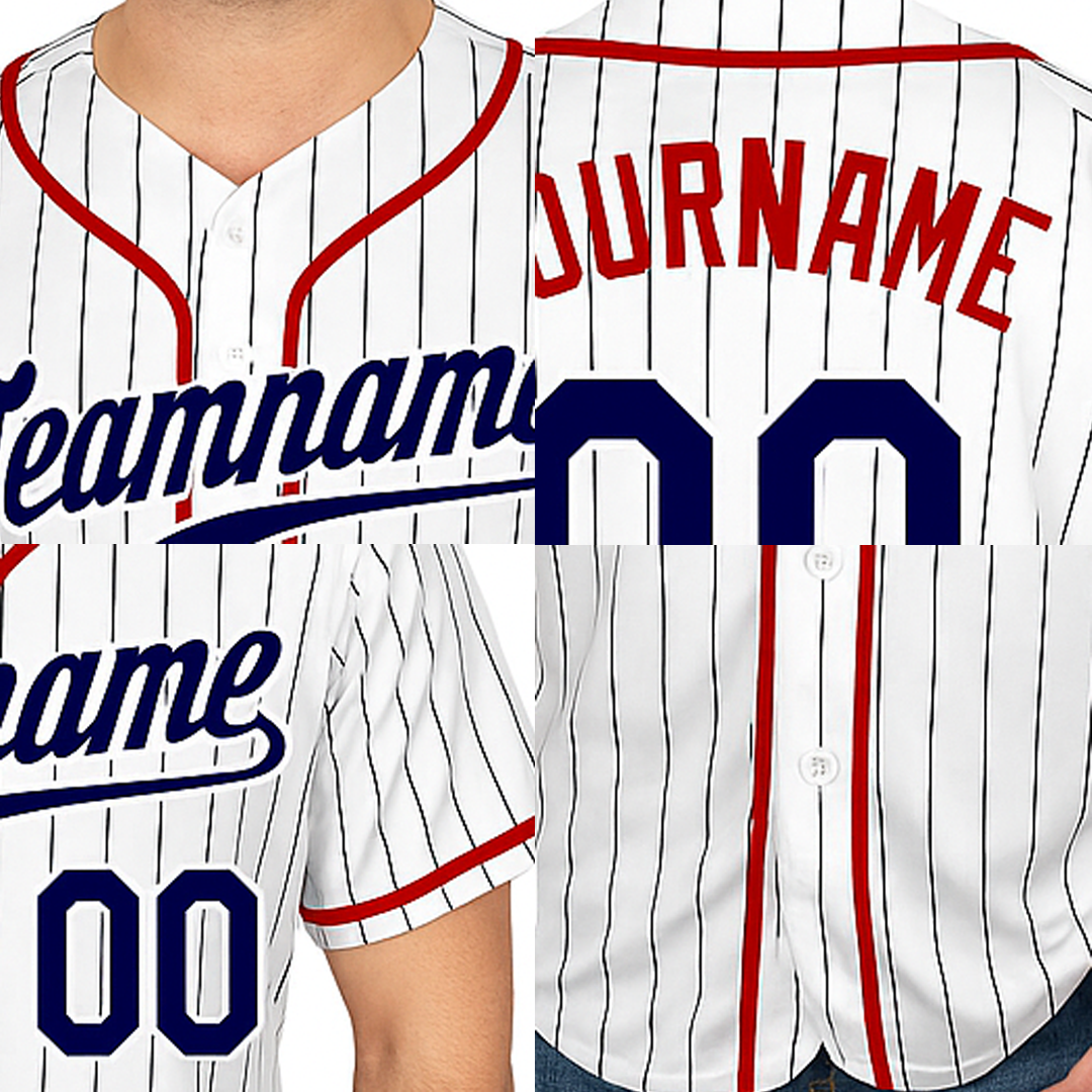 Custom Black Pinstripes Navy&Red Baseball Jersey