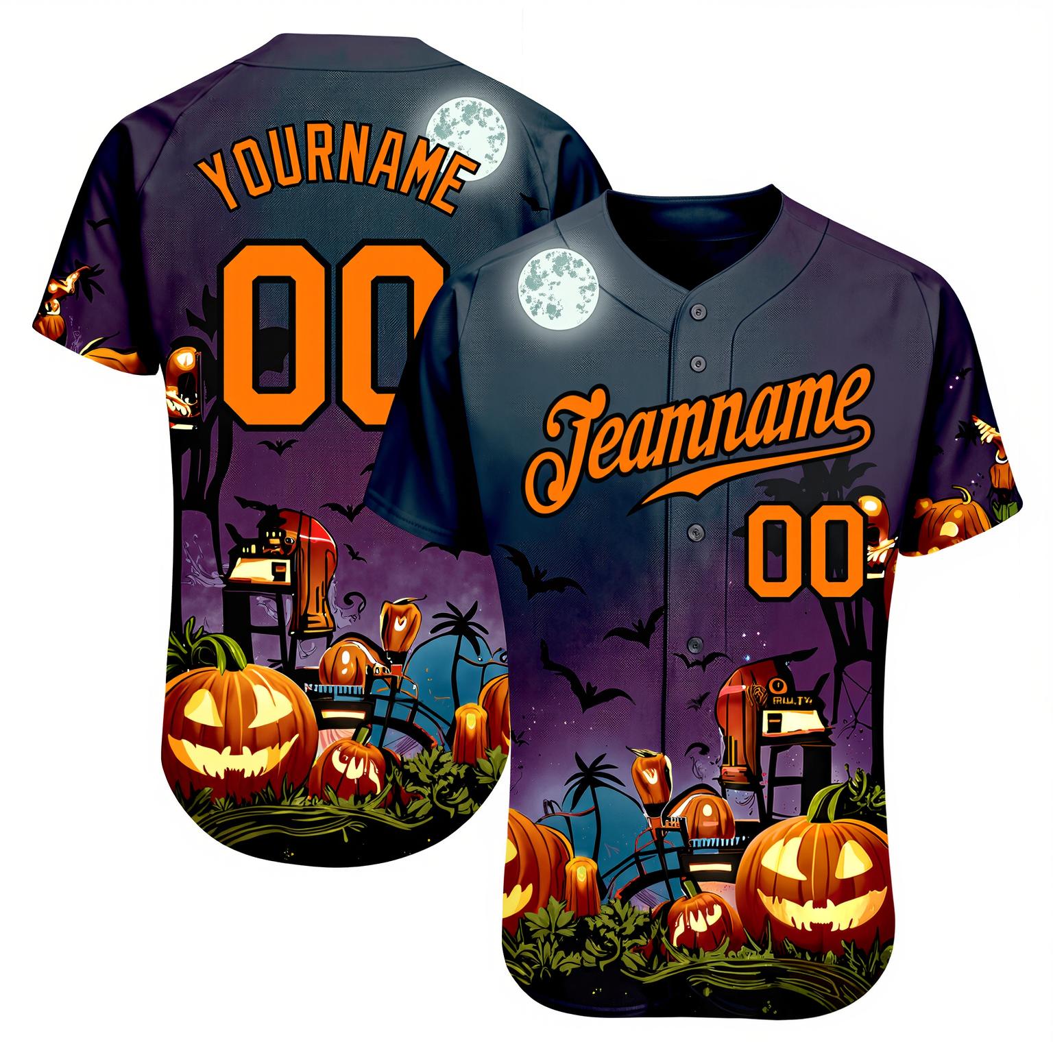 Custom Navy & Orange/Black 3D Pattern Halloween Pumpkins Bats Baseball Jersey