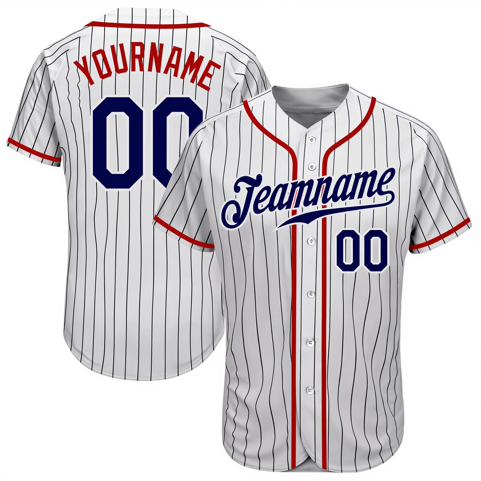 Custom Black Pinstripes Navy&Red Baseball Jersey