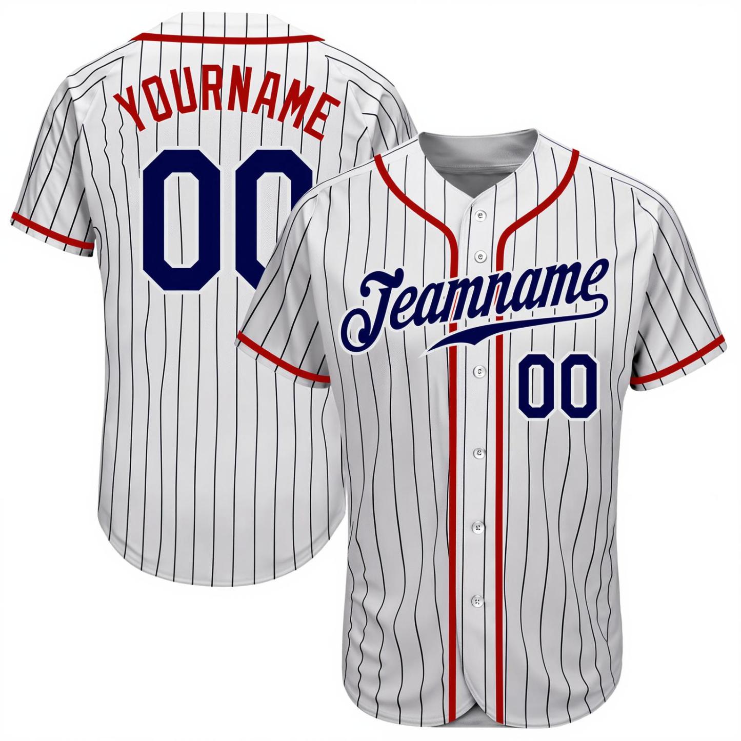 Custom Black Pinstripes Navy&Red Baseball Jersey