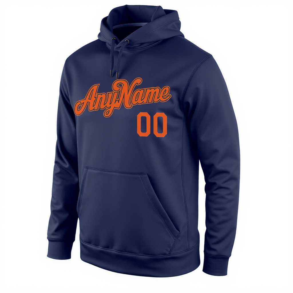 Custom Navy Blue & Orange Pullover Sports Sweatshirt Hoodie