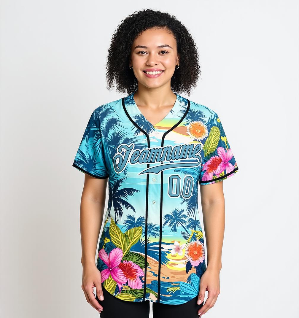 Custom Teal & White Hawaii Palm Leaves And Flowers 3D Pattern Baseball Jersey