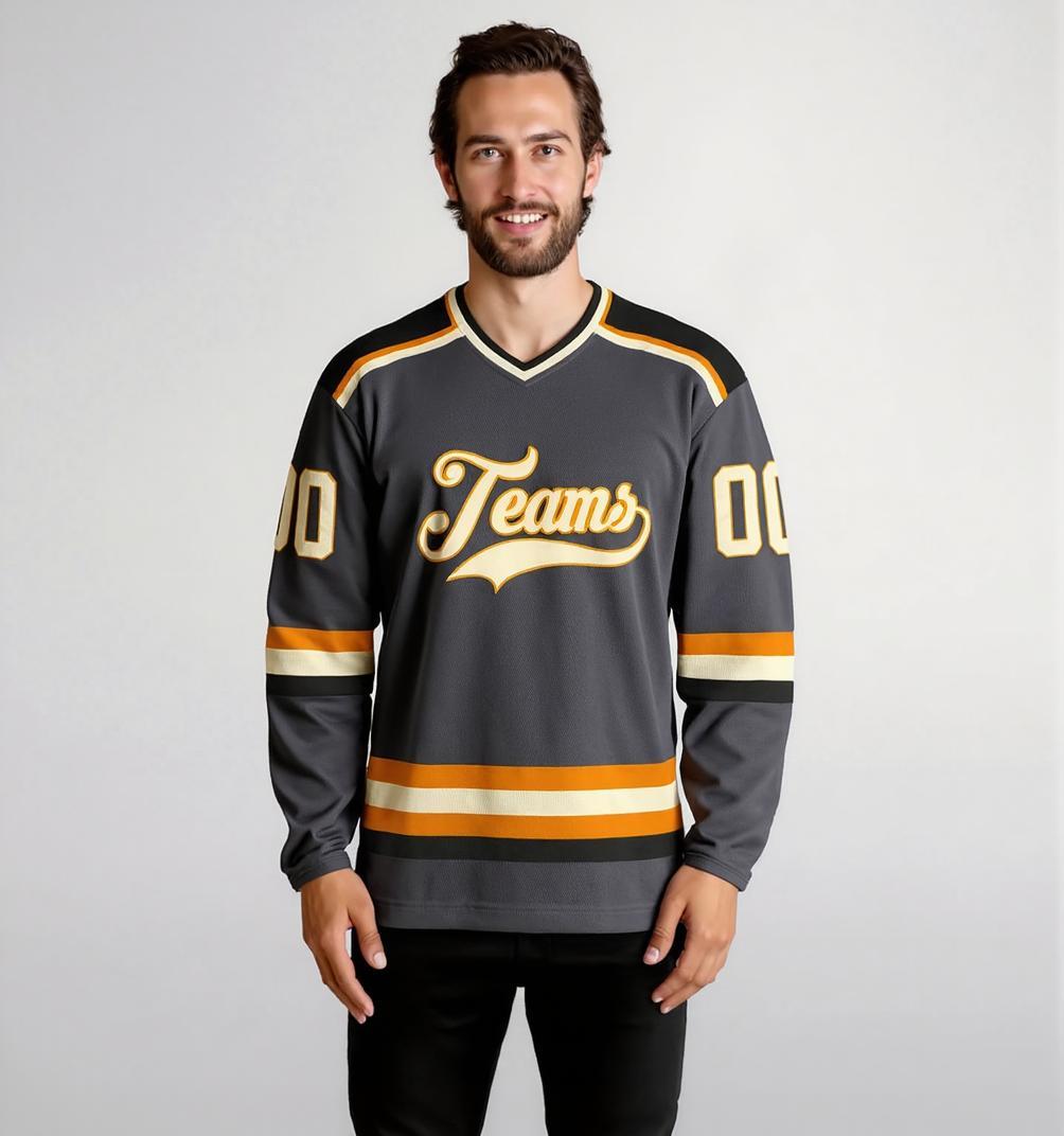 Custom Grey & Orange/White Hockey Jersey