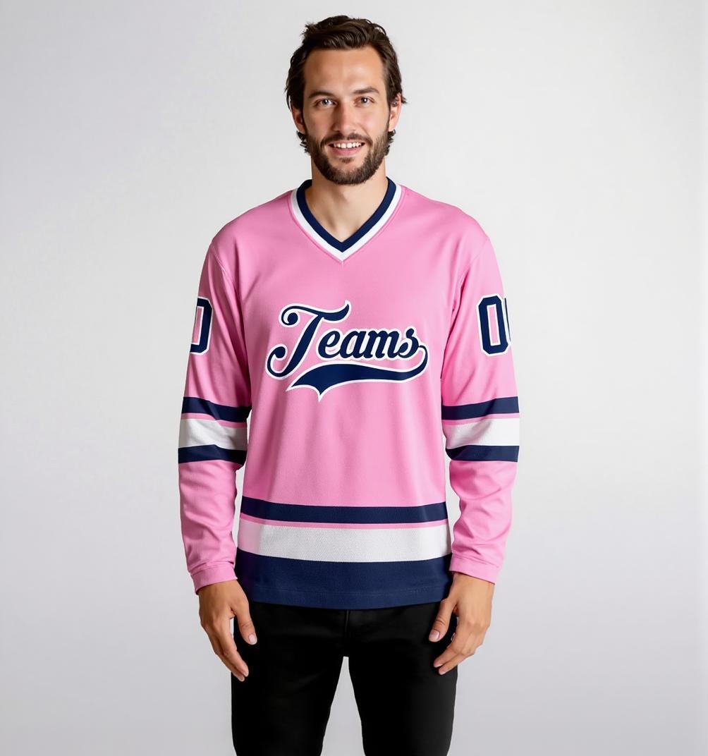 Custom Pink & Navy/White Hockey Jersey