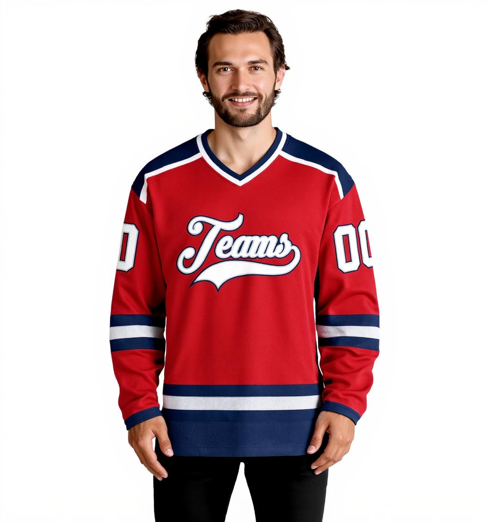 Custom Red & White/Navy Hockey Jersey
