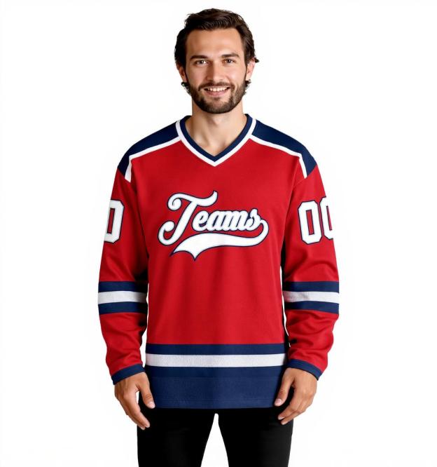 Custom Red & White/Navy Hockey Jersey