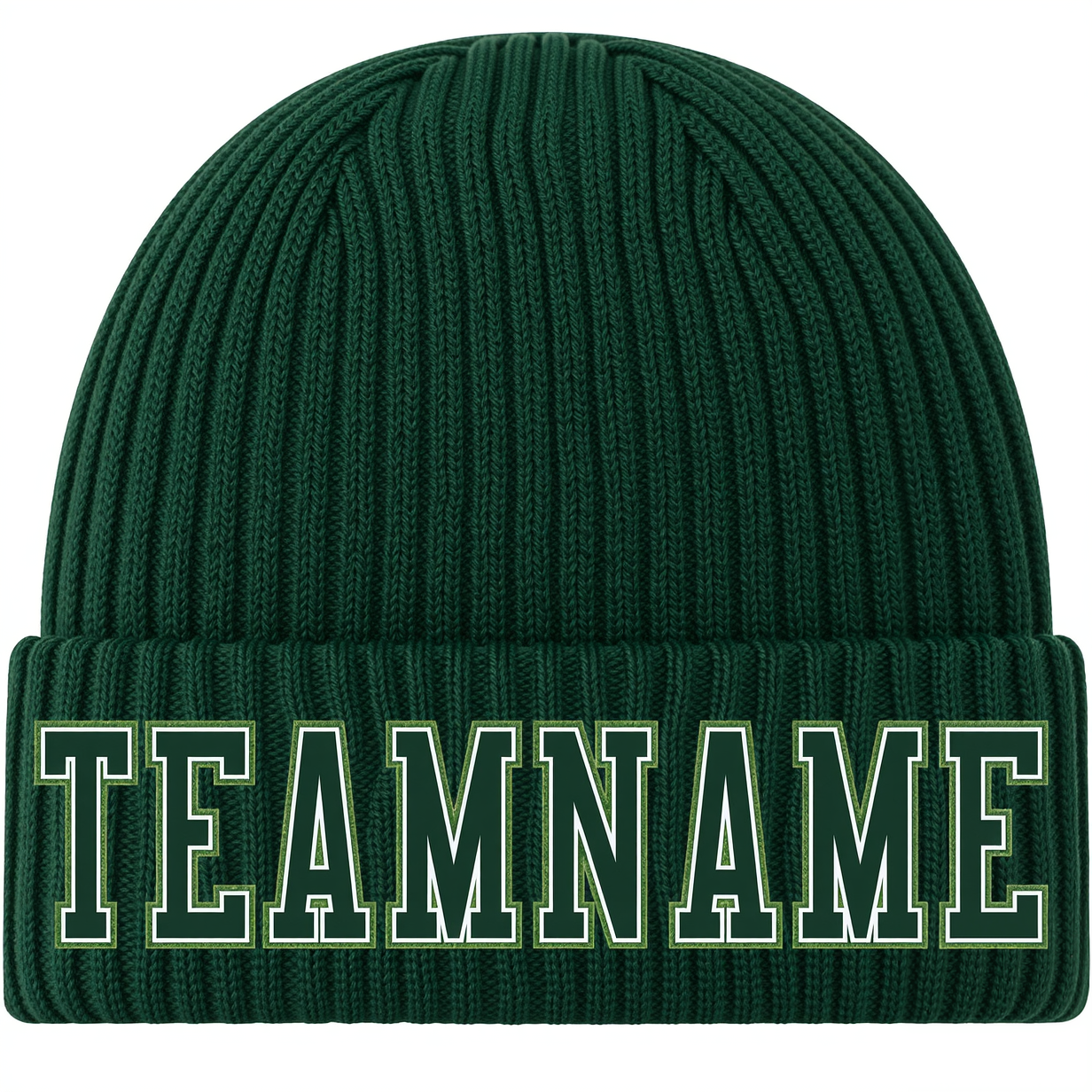 Custom Midnight Green & White Stitched Cuffed Knit Hat