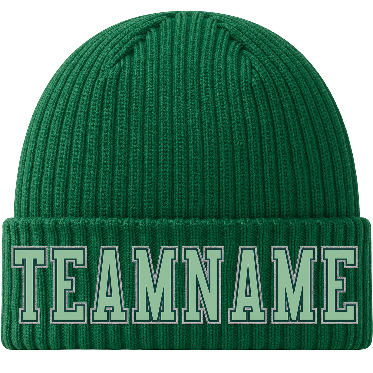 Custom Green & Sliver Stitched Cuffed Knit Hat