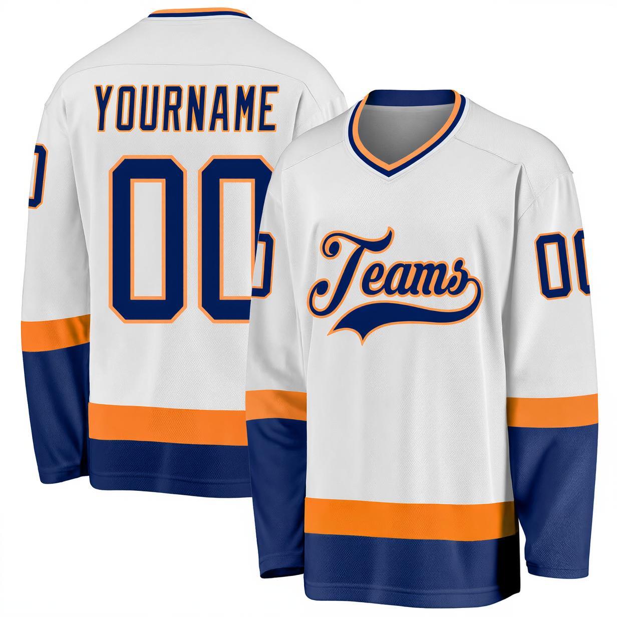 Custom White & Navy/Orange Hockey Jersey