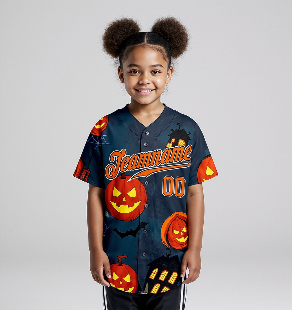 Custom Navy & Orange/Black 3D Pattern Halloween Pumpkins Bats Baseball Jersey