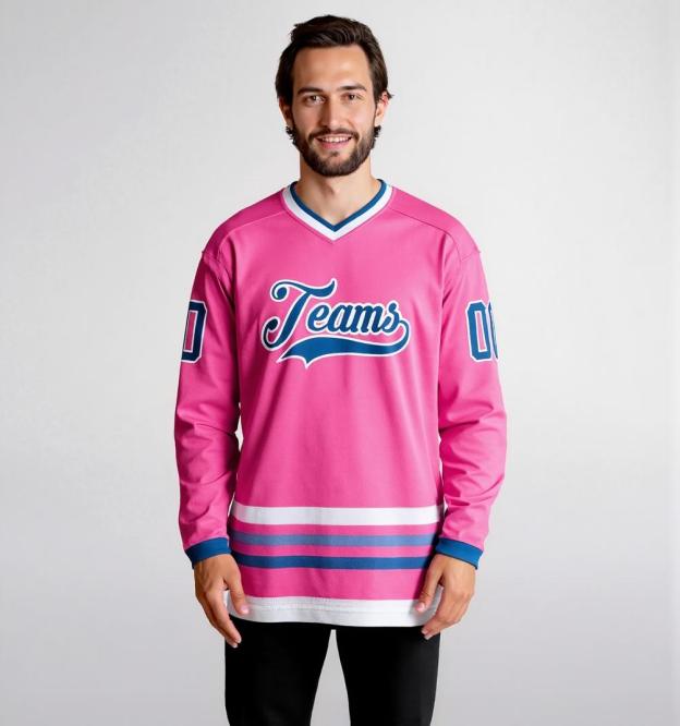 Custom Pink & Blue/White Hockey Jersey