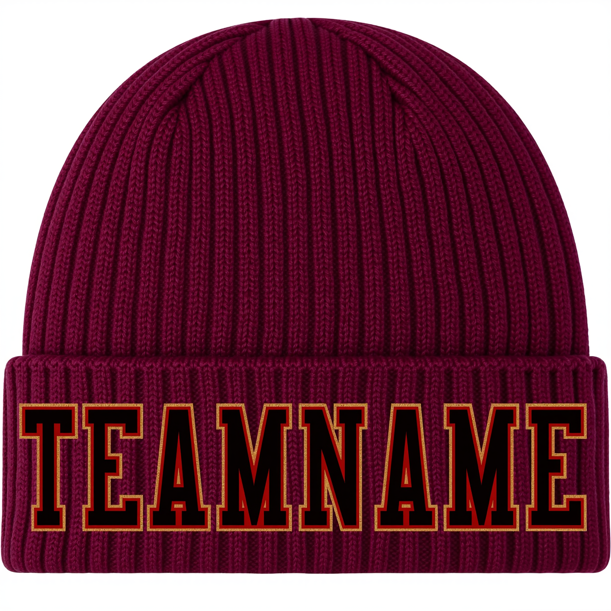 Custom Burgundy & Black/Brown Stitched Cuffed Knit Hat