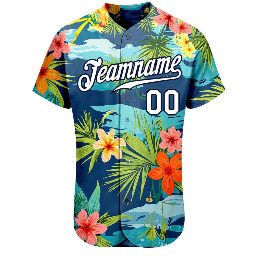 Custom Teal & White Hawaii Palm Leaves And Flowers 3D Pattern Baseball Jersey