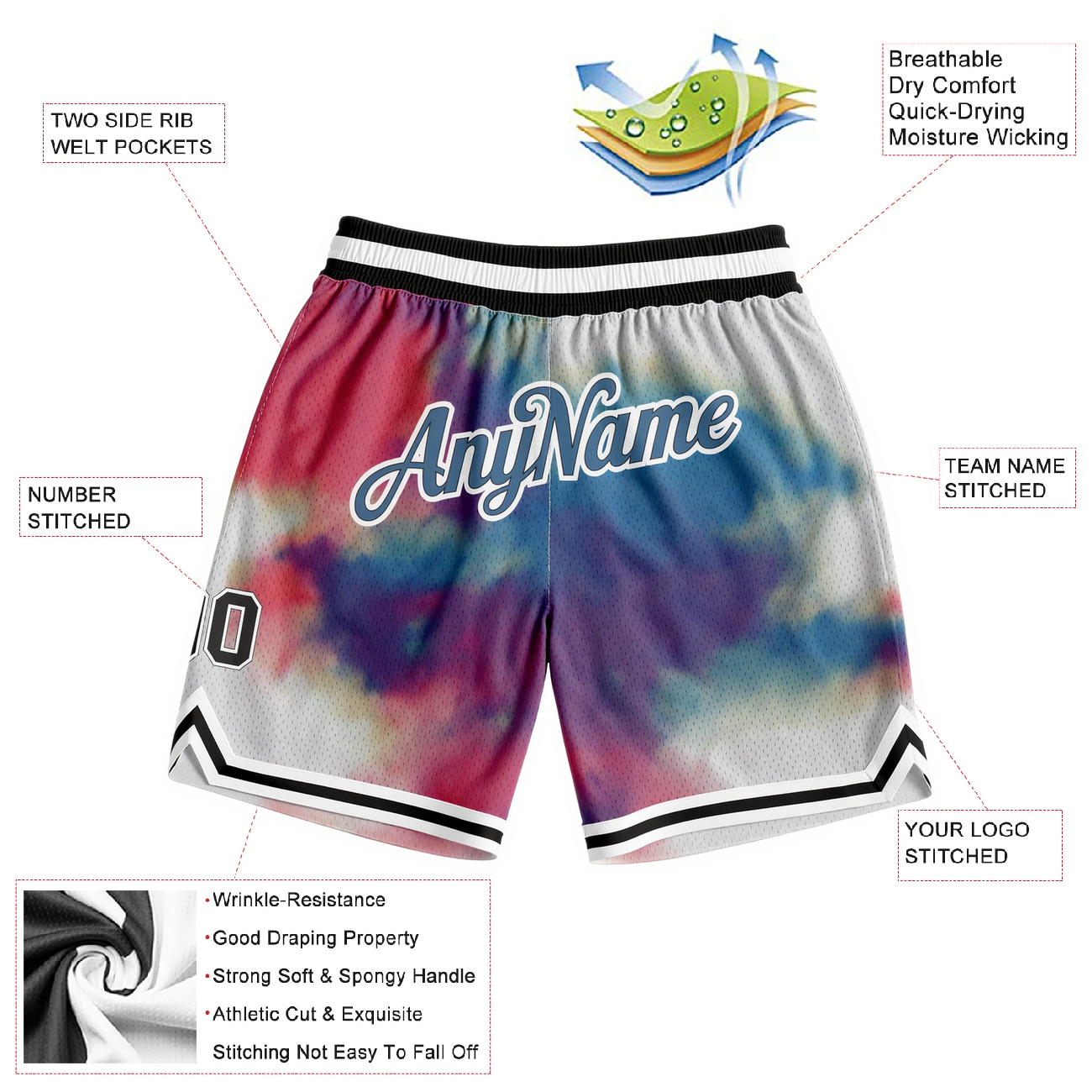 Custom Ink Splash White & Teal/Pink Throwback Shorts
