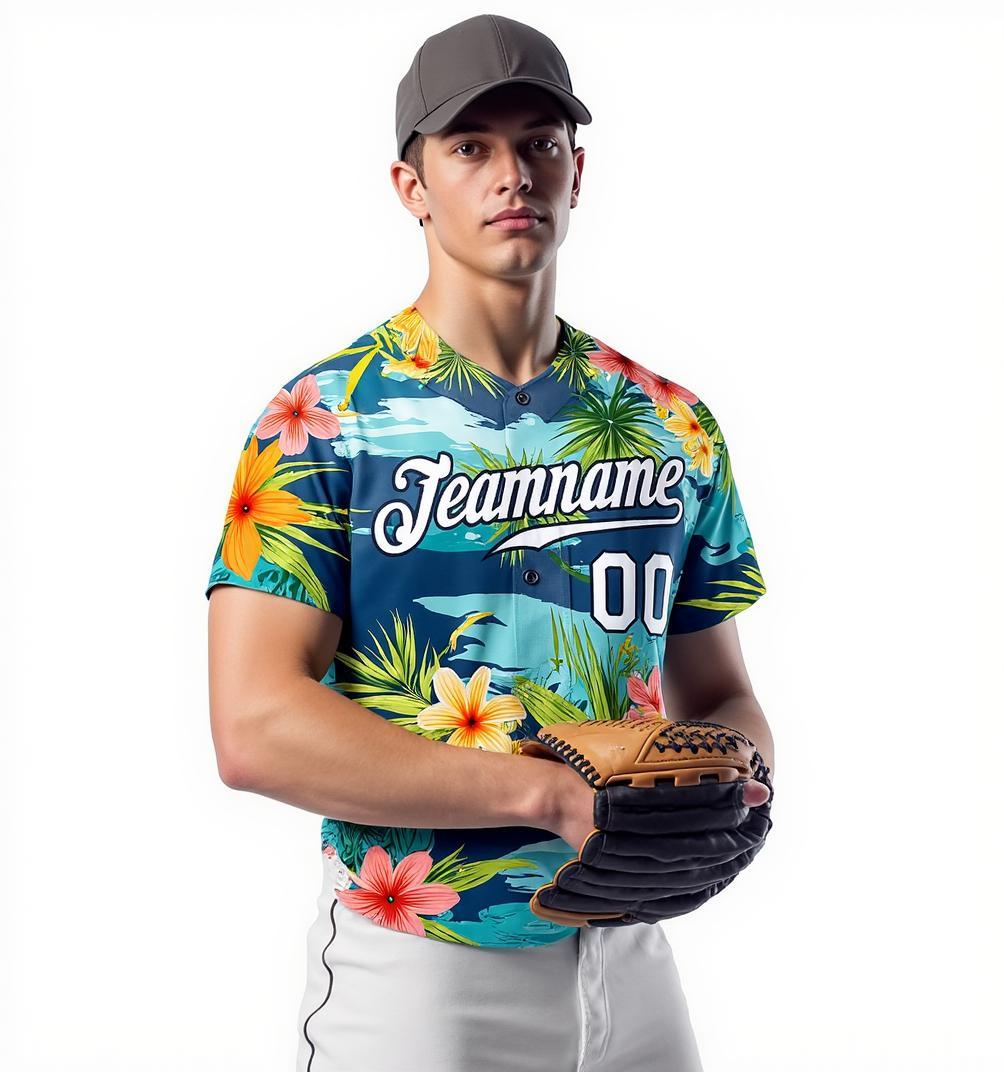 Custom Teal & White Hawaii Palm Leaves And Flowers 3D Pattern Baseball Jersey