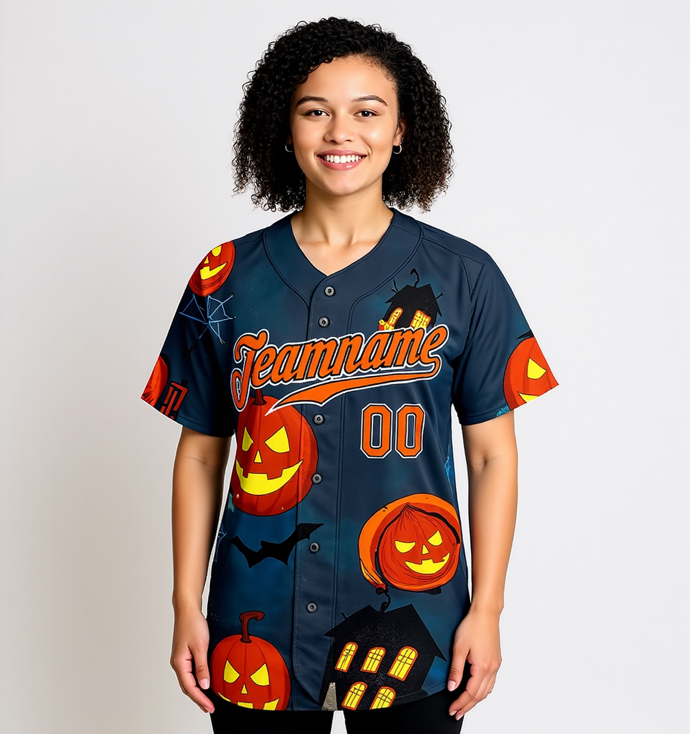 Custom Navy & Orange/Black 3D Pattern Halloween Pumpkins Bats Baseball Jersey