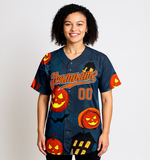 Custom Navy & Orange/Black 3D Pattern Halloween Pumpkins Bats Baseball Jersey