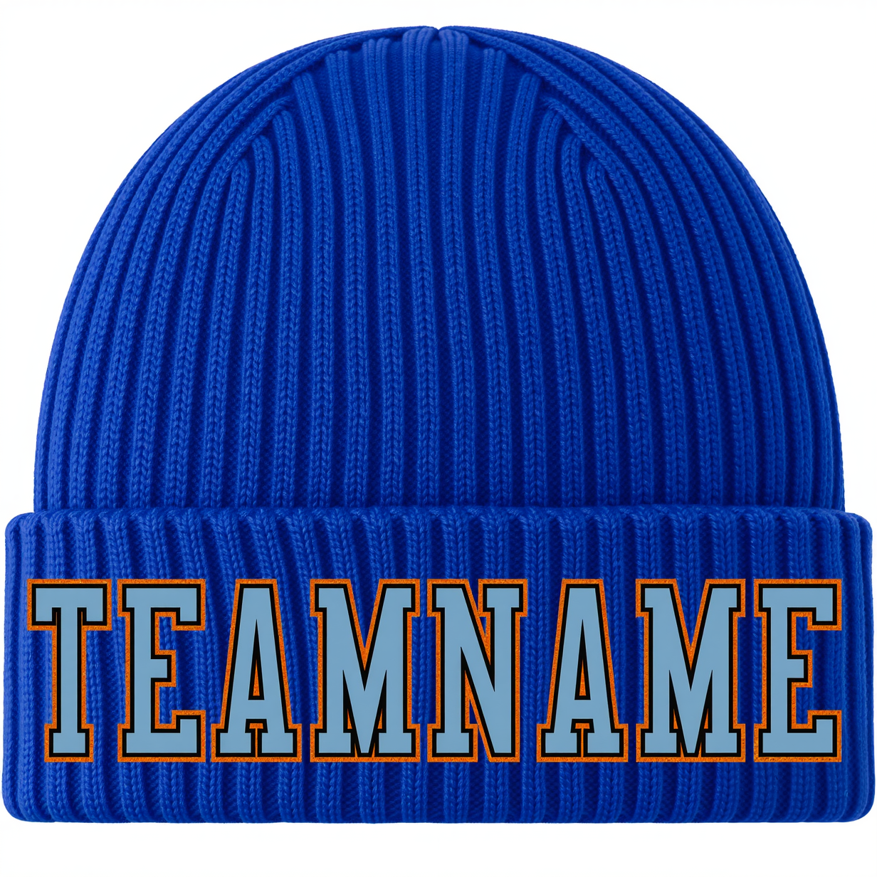 Custom Royal Blue & Light Blue/Orange Stitched Cuffed Knit Hat