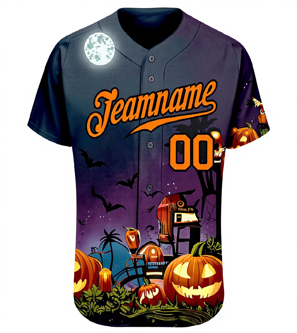 Custom Navy & Orange/Black 3D Pattern Halloween Pumpkins Bats Baseball Jersey