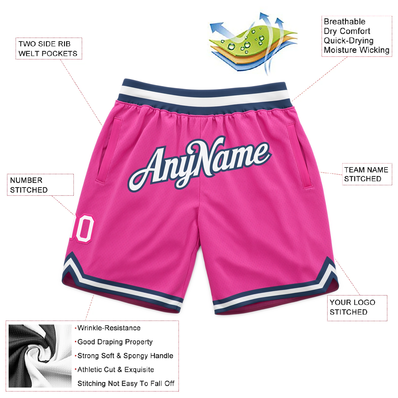 Custom Pink & White/Navy Throwback Shorts