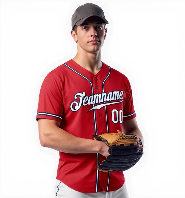 Custom Red & White/Navy Baseball Jersey