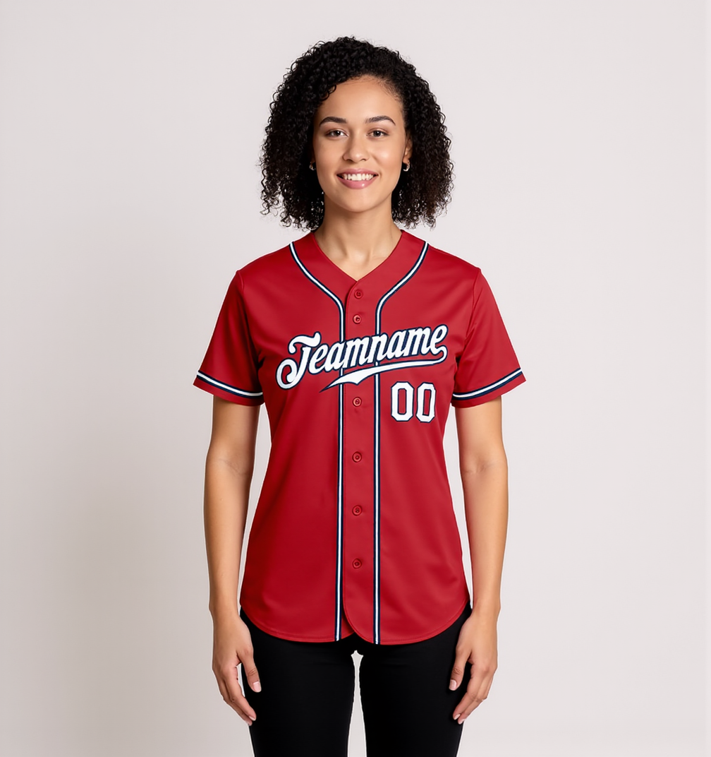Custom Red & White/Navy Baseball Jersey