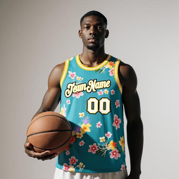Custom 3D Pattern Aqua & White/Black Hawaii Flowers Basketball City Edition Jersey