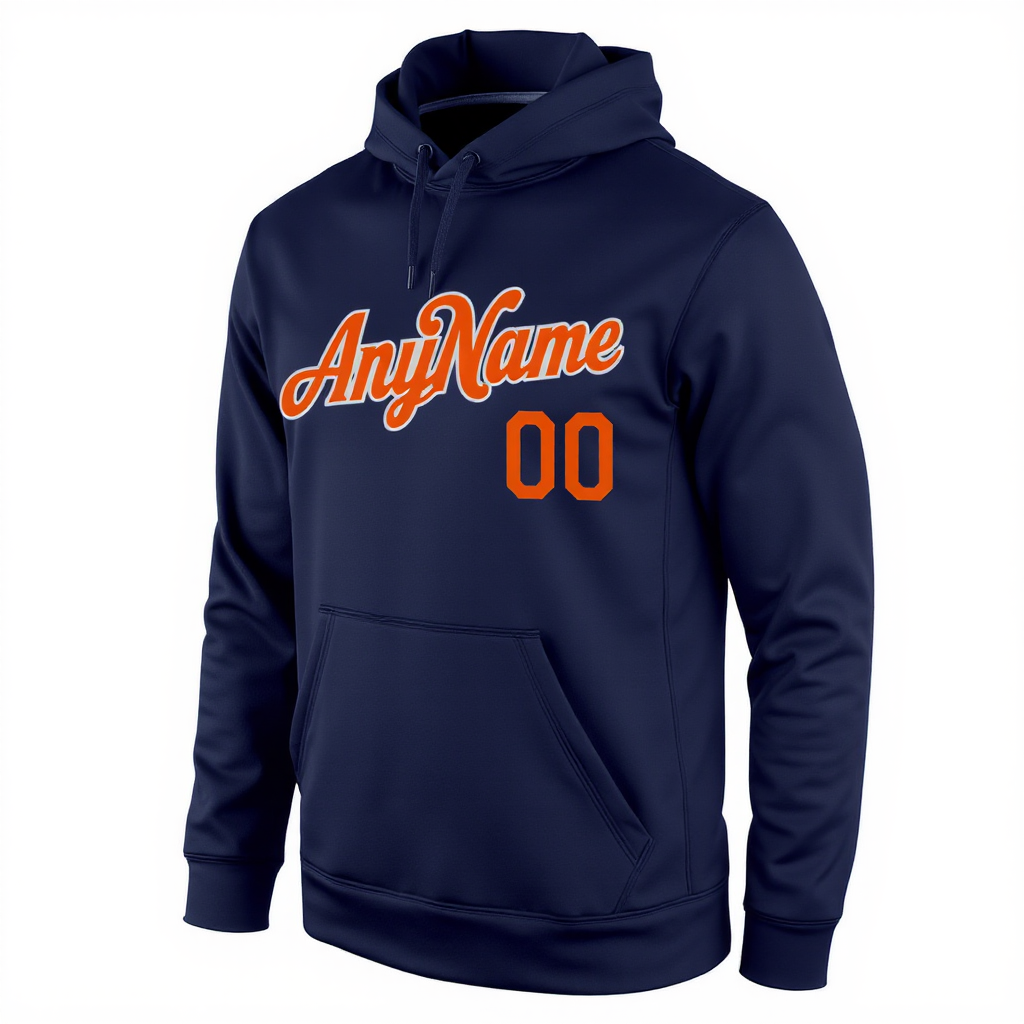 Custom Navy Blue & Orange/White Pullover Sports Sweatshirt Hoodie