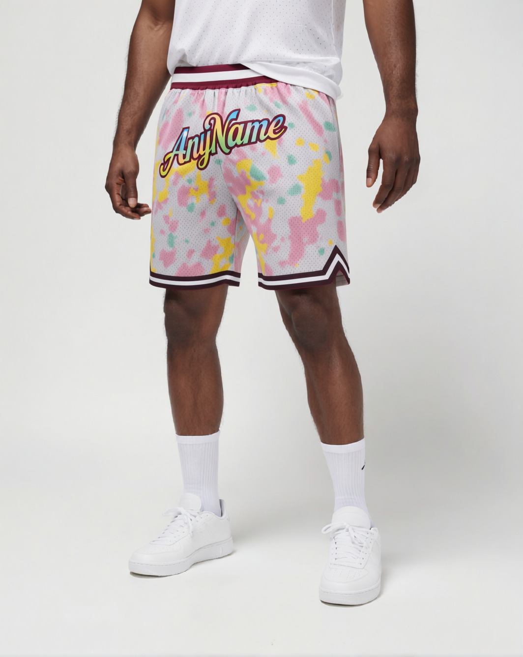 Custom Ink Splash White & Pink/Yellow Throwback Shorts