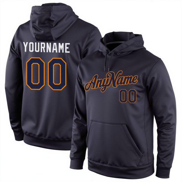 Custom Navy Blue & Orange Pullover Sports Sweatshirt Hoodie
