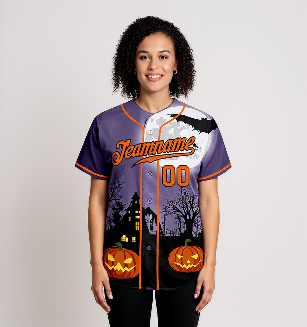 Custom Purple & Orange/Black 3D Pattern Halloween Pumpkins Bats Baseball Jersey