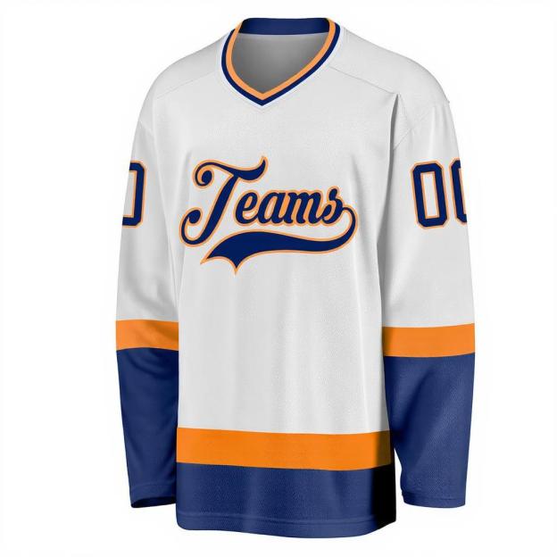Custom White & Navy/Orange Hockey Jersey