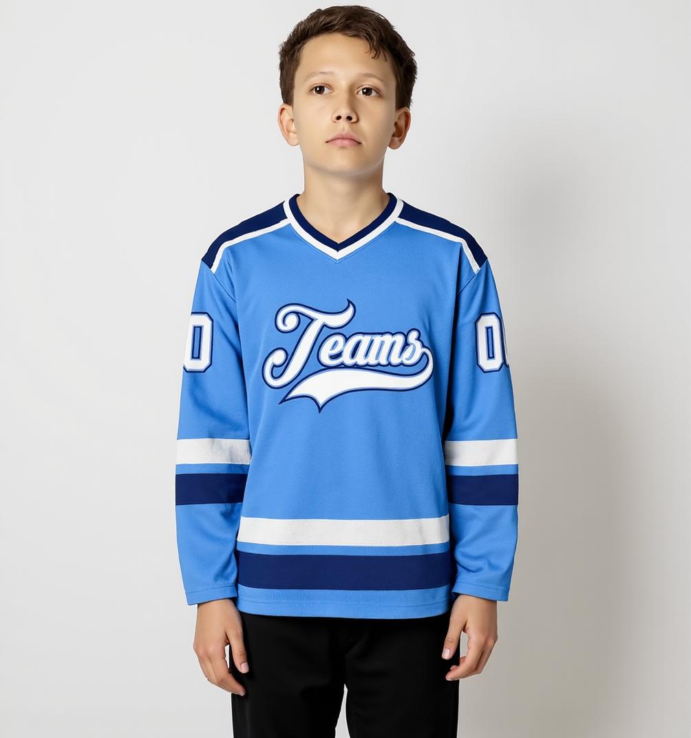 Custom Sky Blue & White/Navy Hockey Jersey