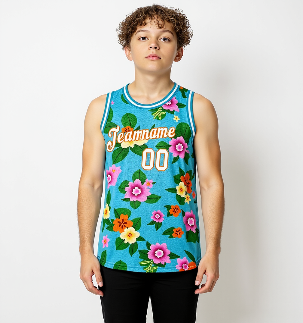 Custom 3D Pattern Aqua & White/Yellow Hawaii Flowers Basketball City Edition Jersey