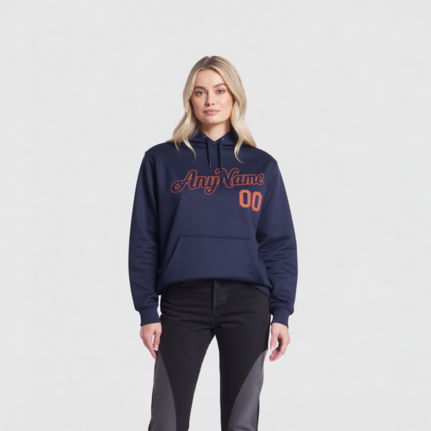 Custom Navy Blue & Orange Pullover Sports Sweatshirt Hoodie